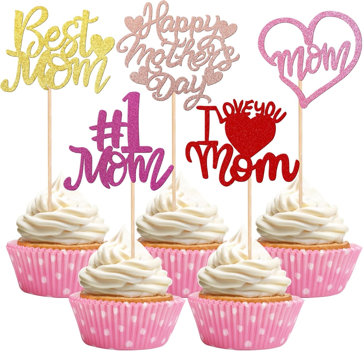24 PCS Happy Mother's Day Cupcake Toppers with Glitter Heart Love Mother Best Mom Cupcake Picks for Happy Mother's Day Theme Women Birthday Party Cake Decorations Supplies Rose Gold