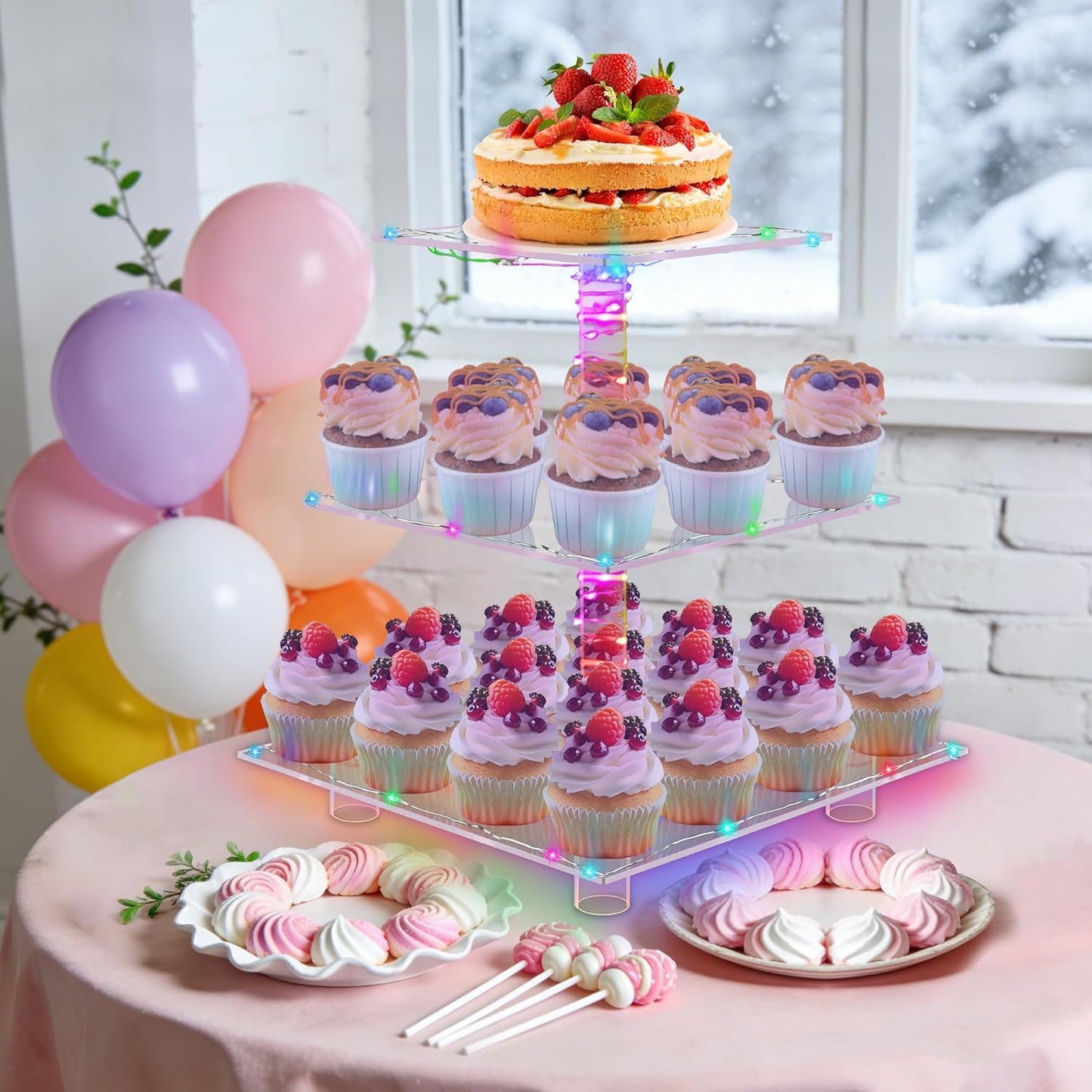 YestBuy Cupcake Stand with Yellow Led Lights, 4 Tier Cupcake Stand for 50 Cupcakes, Acrylic Cupcake Tower Stand, Clear Tiered Cupcake Holder for Birthday Cady Bar Décor Weddings, Parties Events