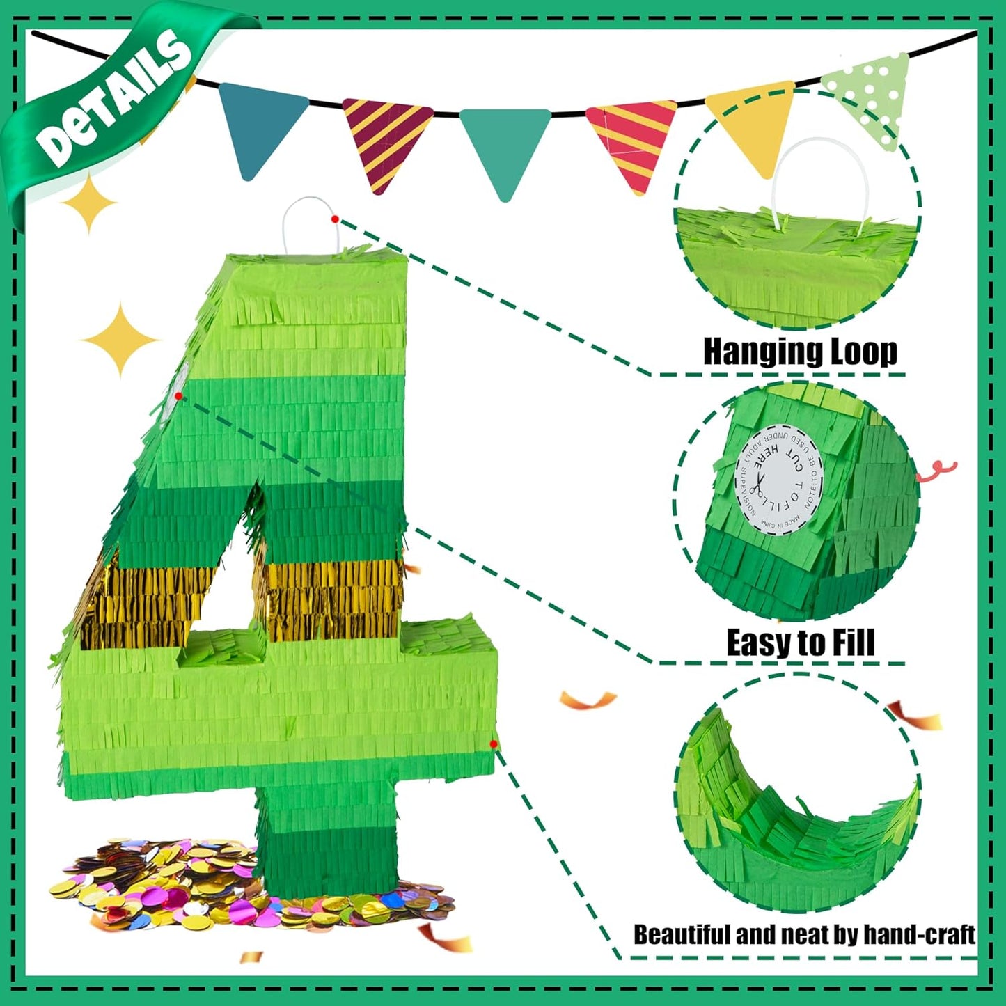 PCFING 20 Inch Number 1 Piñata Green Gold with 30 Inch Piñata Stick Blindfold Confetti for Boy Girl Adults Birthday Party Decorations, Anniversary Celebration, Fiesta
