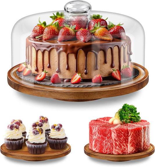 Yangbaga Glass Cake Stand with Lid,11in Wooden Rotating Cake Stand with Dome Cover, Cake Plate Display Server Tray for Birthday Kitchen Party