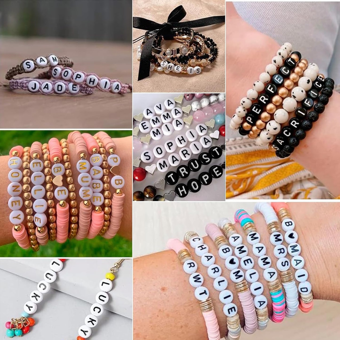 Amaney 1400pcs Glow Letter Beads, Heart Beads Whit Elastic Beading Cord,4x7mm Round Acrylic Alphabet Beads for Friend Bracelet Jewelry Making