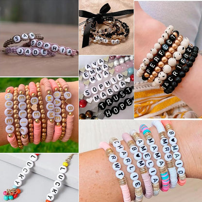Amaney 1400pcs Glow Letter Beads, Heart Beads Whit Elastic Beading Cord,4x7mm Round Acrylic Alphabet Beads for Friend Bracelet Jewelry Making