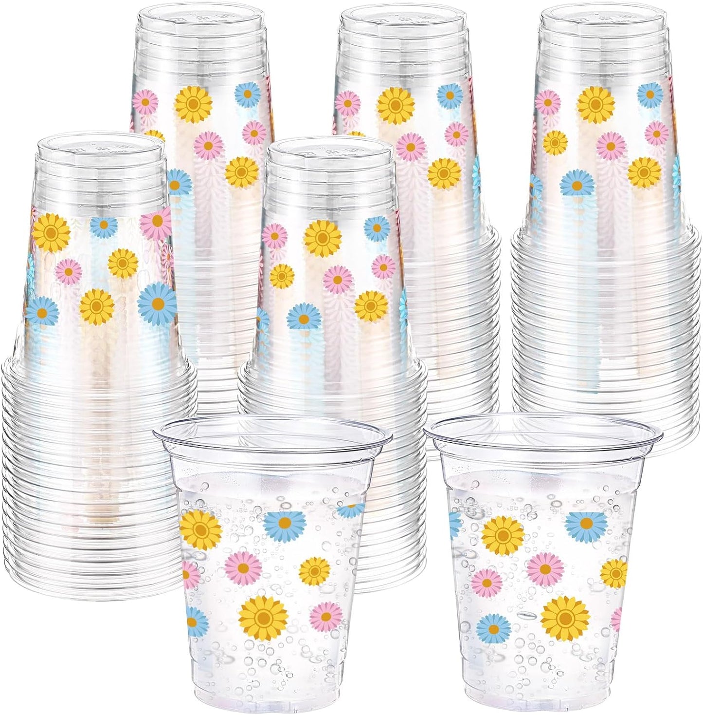 Hushee 60 Pcs Purple Floral Cups with Spring Summer Flower 16 oz Wildflowers Plastic Disposable Drinking Cups for Summer Spring Birthday Baby Shower Wedding Party Supplies