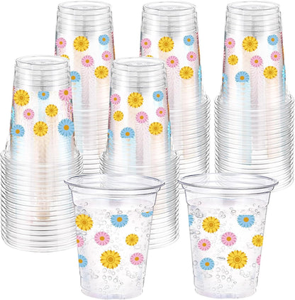 Hushee 60 Pcs Purple Floral Cups with Spring Summer Flower 16 oz Wildflowers Plastic Disposable Drinking Cups for Summer Spring Birthday Baby Shower Wedding Party Supplies