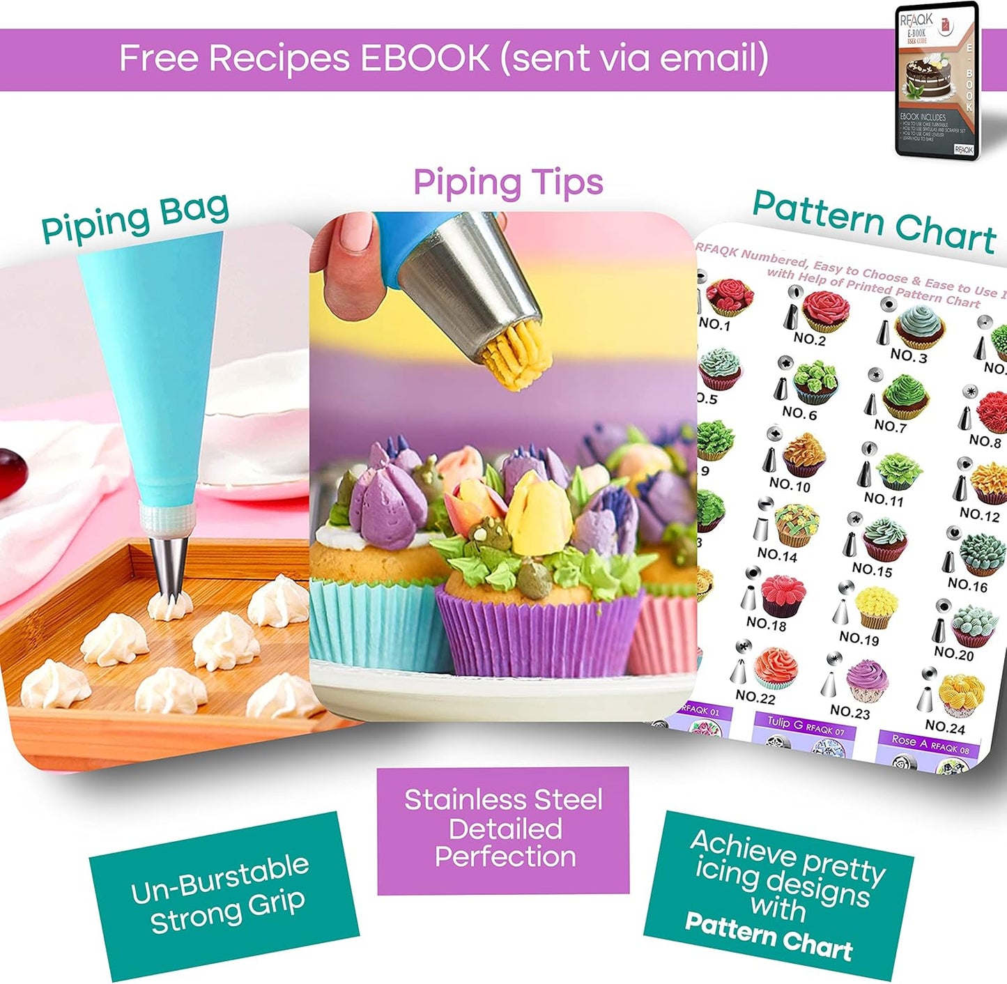 RFAQK 90PCs Cake Decorating Kit with Leveler, Baking Supplies Gift Includes Cake Stand Turntable, 24 Numbered Icing Tips, 55+1 Piping Bags, 2 Frosting Spatulas, 3 Scrappers, Video Course & Booklet
