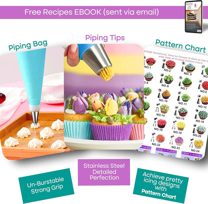 RFAQK 90PCs Cake Decorating Kit with Leveler, Baking Supplies Gift Includes Cake Stand Turntable, 24 Numbered Icing Tips, 55+1 Piping Bags, 2 Frosting Spatulas, 3 Scrappers, Video Course & Booklet