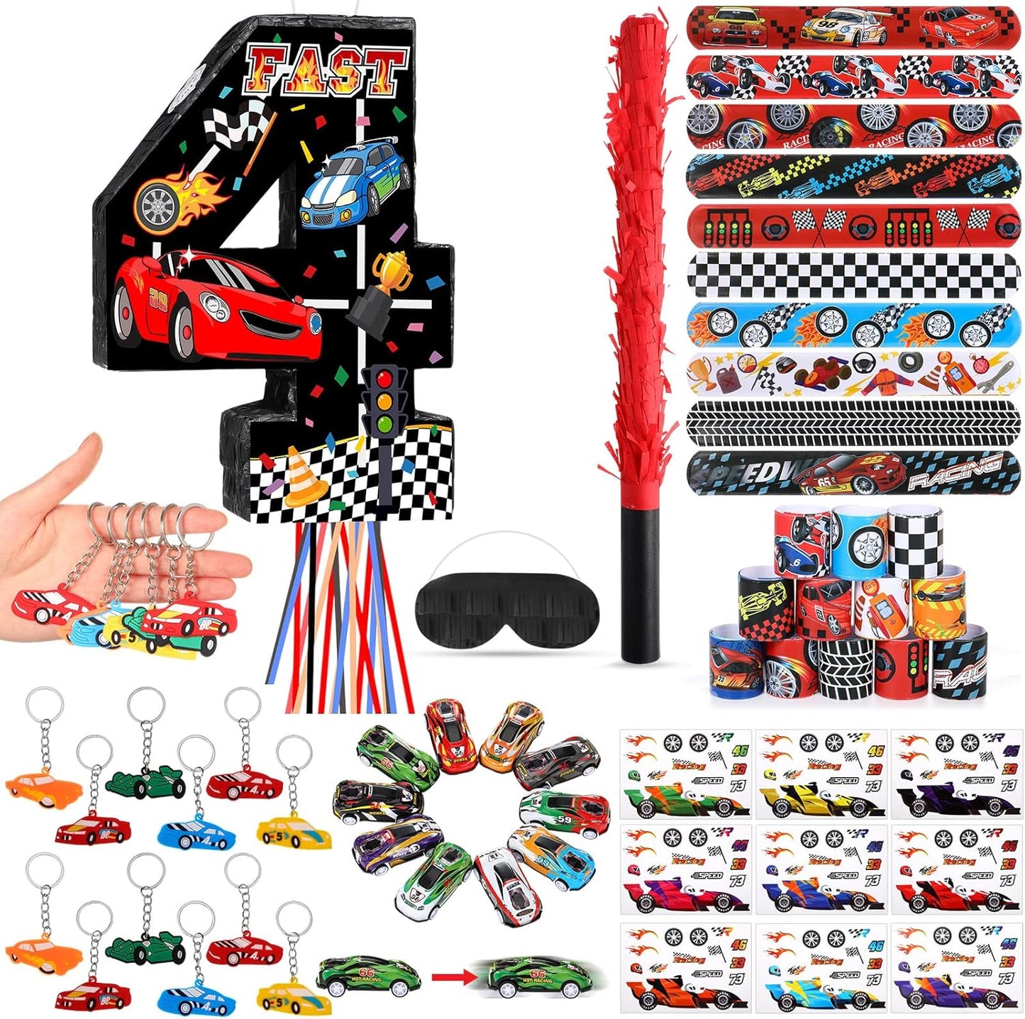 Pasimy Number 3 Piñata Race Car Party Favors Set with Black Red Birthday Piñata Stick Blindfold Slap Bracelet Keychain Sticker Racecar Party Gifts Birthday Decorations Goodie Bag Stuffer Supplies