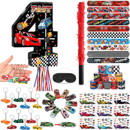 Pasimy Number 3 Piñata Race Car Party Favors Set with Black Red Birthday Piñata Stick Blindfold Slap Bracelet Keychain Sticker Racecar Party Gifts Birthday Decorations Goodie Bag Stuffer Supplies