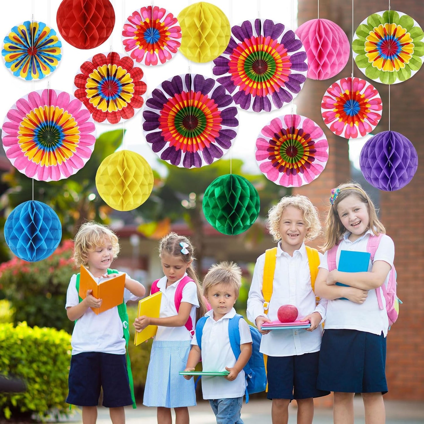 Outus 21 Pcs Spring Flower Hanging Paper Fans Flower Paper Fans Classroom Decorations Springtime Summer Tissue Pom Poms for Ceiling Wedding Birthday Party Supply Classroom Decor(Spring Flower)