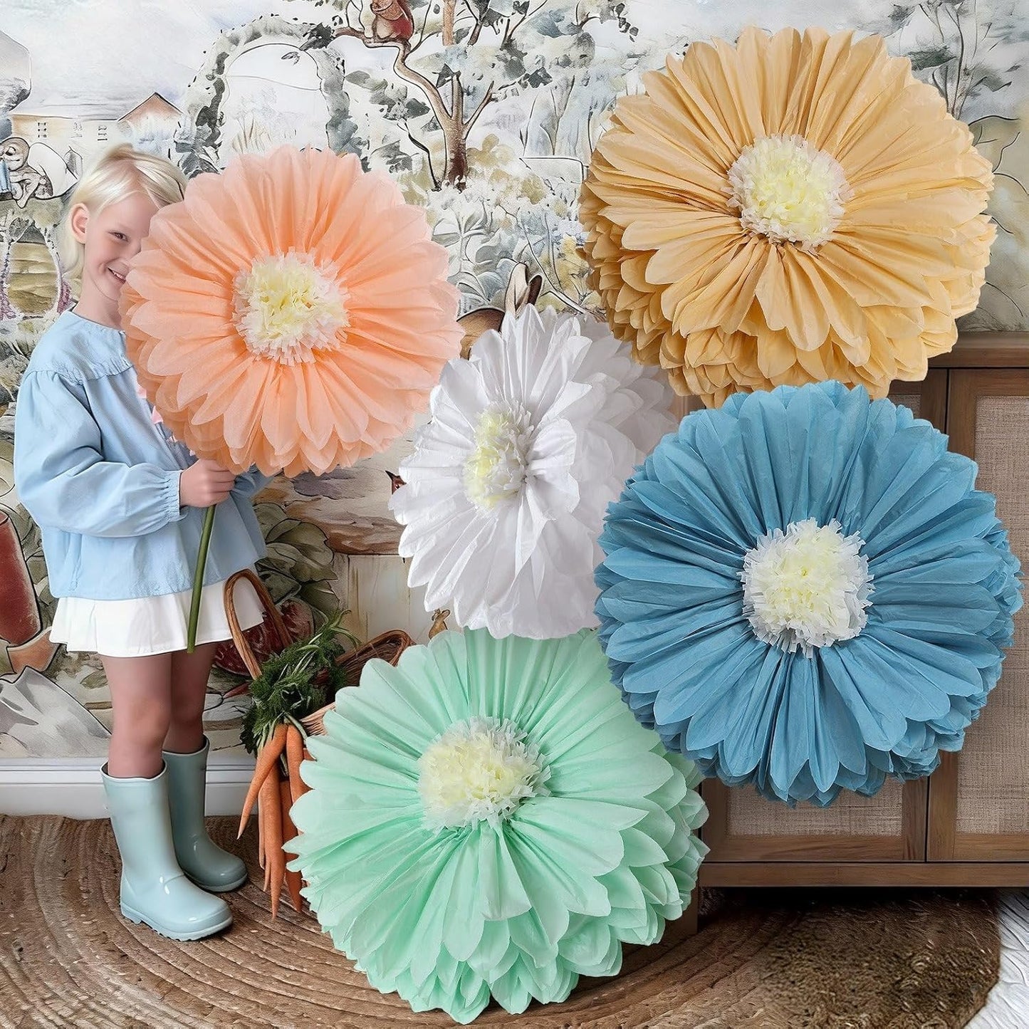 Chunful 5 Pcs 30'' 24'' Gaint Pastel Tissue Paper Flowers Decoration Large Hanging Tissue Paper Pom Poms Decor for Pastel Birthday Bachelorette Wedding Baby Shower Bridal Shower Easter Party Decor