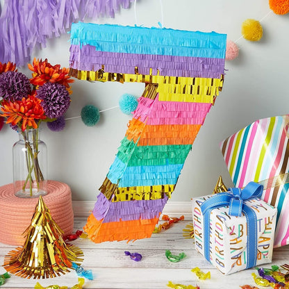 BLUE PANDA Rainbow Number 6 Pinata - Sturdy Corrugated Build & Easy Hang for Fiesta Party - Candy Filled 6th Birthday Party Surprise - Vibrant Tie-Dye Items for Kids - Small (16.5x11x3 In), Blue/White