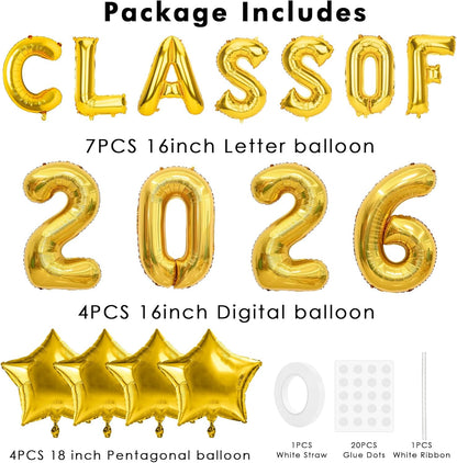 Graduation Balloons, Class of 2026 Balloons, 16Inch Gold Grad Class of 2026 Letters Foil Balloon Sign with Star Balloons, Class of 2026 Decorations for High School College Graduation Party Decorations
