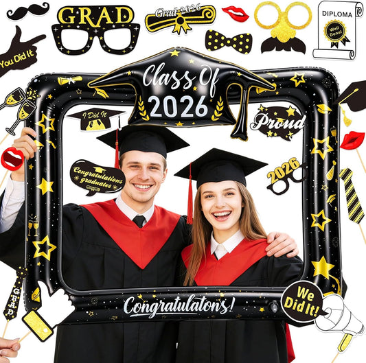 2026 Graduation Photo Booth Props Set Including Inflatable Photo Booth Frame and 20 Pcs Graduation Photo Props for Graduation Decorations Graduation Party Favors Supplies