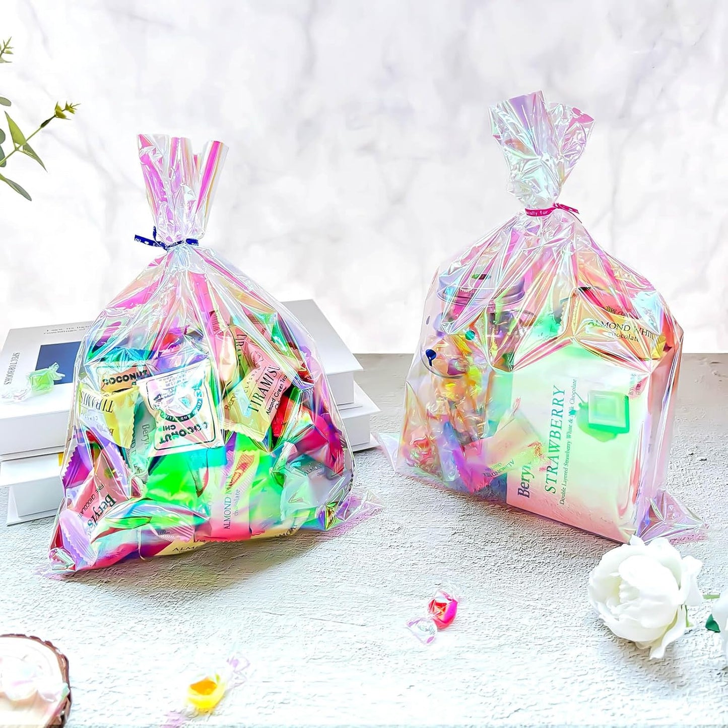 5x7 Inch Iridescent Cellophane Treat Bags with Twist Ties, Treat Bags for Candy Cookie Goodie Chocolates, And Popcorn