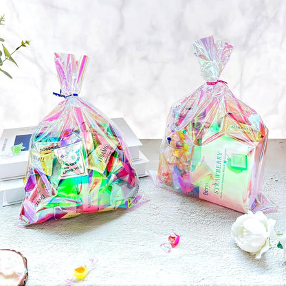 5x7 Inch Iridescent Cellophane Treat Bags with Twist Ties, Treat Bags for Candy Cookie Goodie Chocolates, And Popcorn