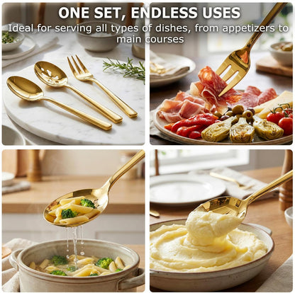 Serving Spoon x 2,Slotted Serving Spoon x 2,Serving Forks x 2,RTT 9 Inch Stainless Steel Catering Serving Utensils for Party Buffet Dinner Banquet Kitchen Basics (Silver Mirror Finish)