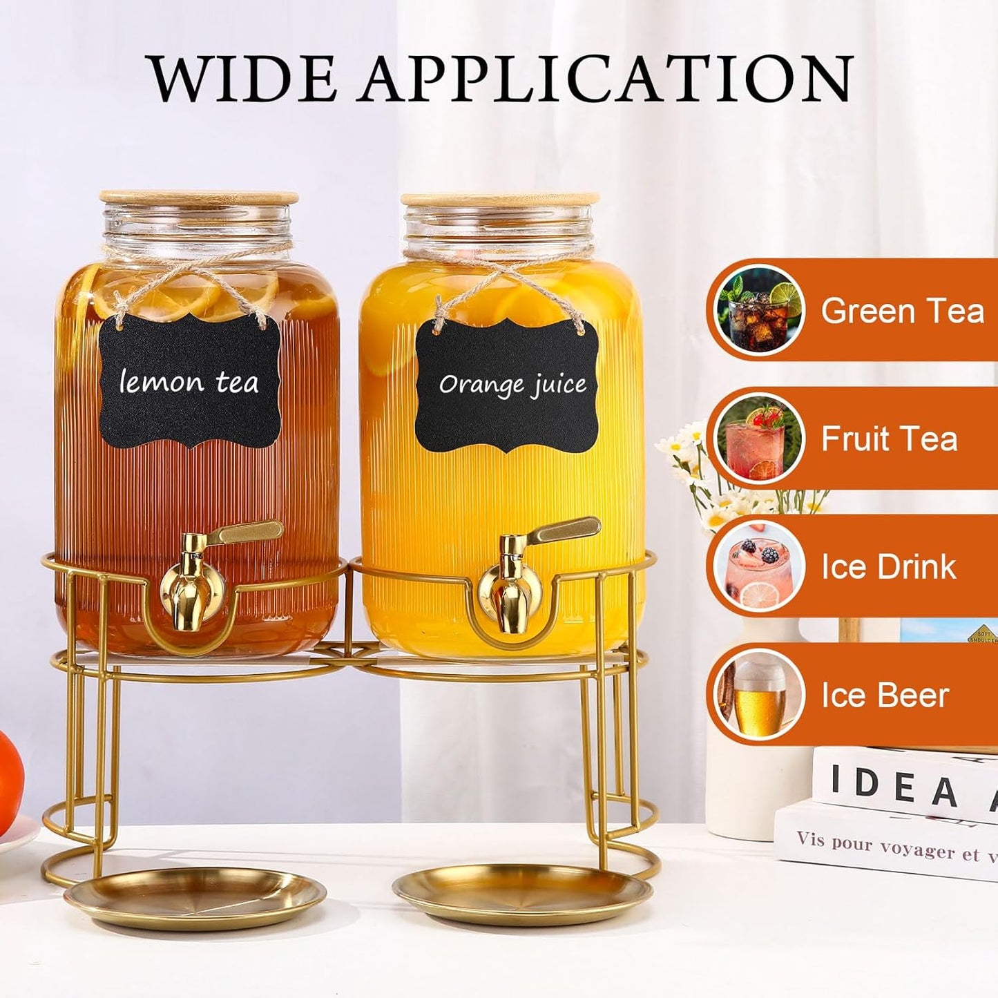 Drink Dispensers For Parties- 1 Gallon Beverage Dispenser with Stand and Spigot 18/8 Stainless Steel Leak-proof- Sun Tea Glass Jar For Outside, Juice Lemonade Dispenser