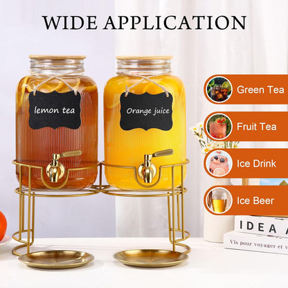 Drink Dispensers For Parties- 1 Gallon Beverage Dispenser with Stand and Spigot 18/8 Stainless Steel Leak-proof- Sun Tea Glass Jar For Outside, Juice Lemonade Dispenser