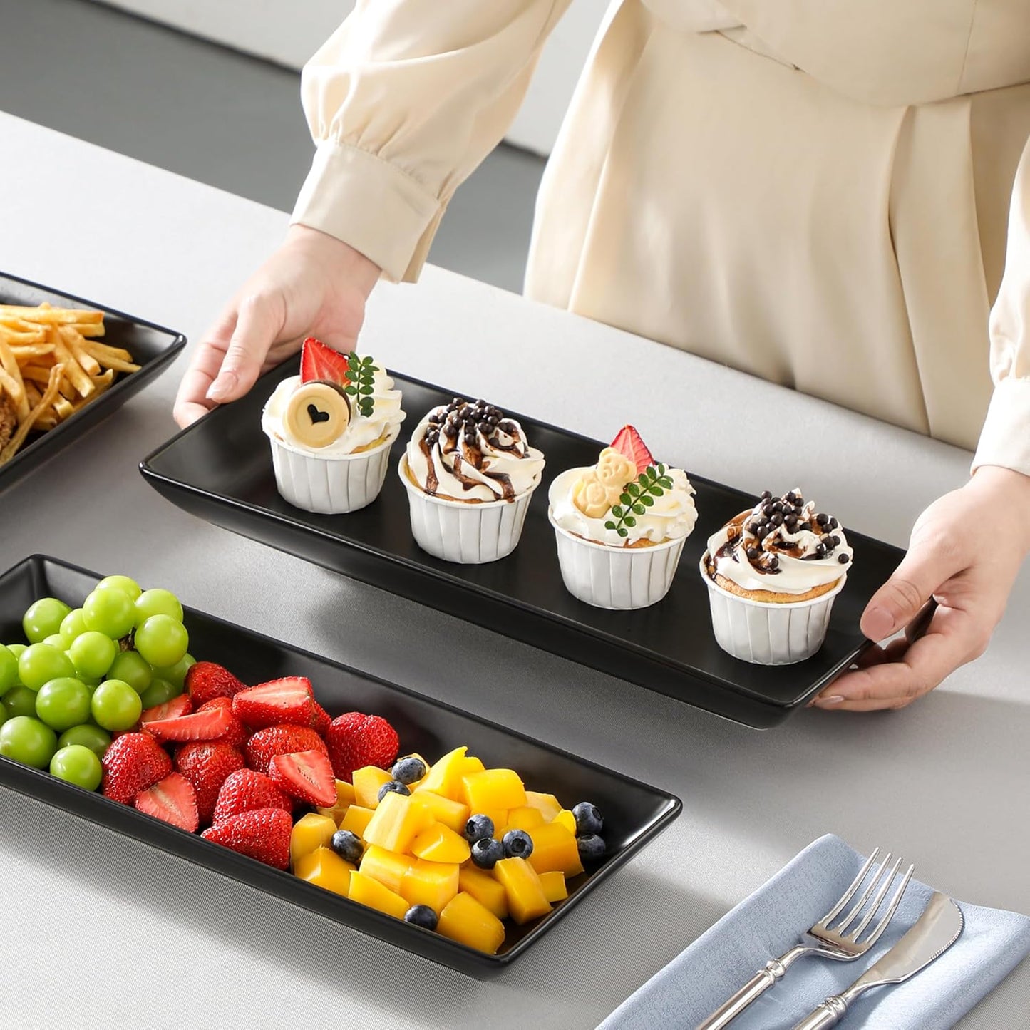 MALACASA 3 Tier Serving Trays for Party, Porcelain Serving Platters and Trays, 12 Inch Tiered Tray Stand, Fruit Tray, Trays for Serving Food, White Dessert Stand with Collapsible Sturdier Metal Rack