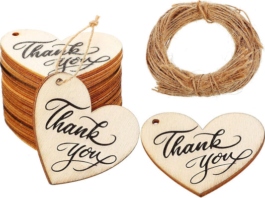 Jetec 100 Pieces Thank You Tags with String Small Heart Shape Wooden Thank You Tags for Baby Shower Wedding Birthday Party Favors