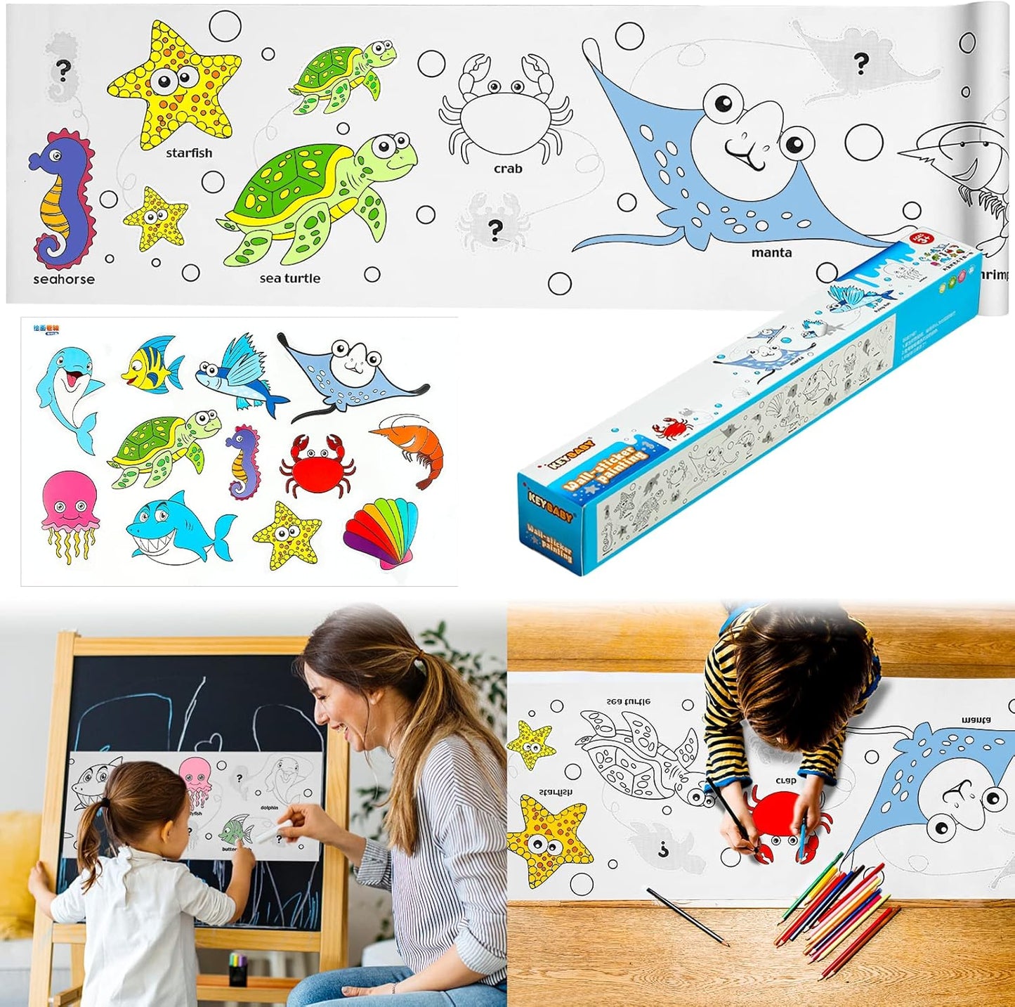 2PCS Children's Drawing Roll, Coloring Paper Roll for Kids Gift, 120 * 11.8 Inches DIY Painting Drawing Paper Roll, Sticky Drawing Paper Roll, Early Educational Toys for Kids (Animal World)