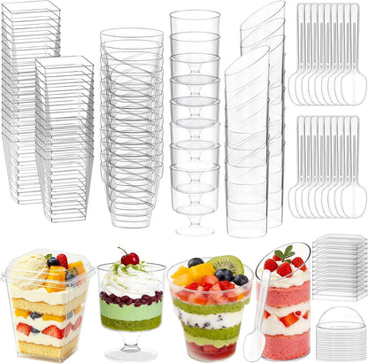 320-Pack Dessert Cups with Spoons 5 oz Mini Plastic Dessert Cups for Party Yogurt Parfait Jello Fruit Appetizer Cocktail Small Clear Reusable Square and Round Goblet-Shaped Dessert Bowls Shot Glasses