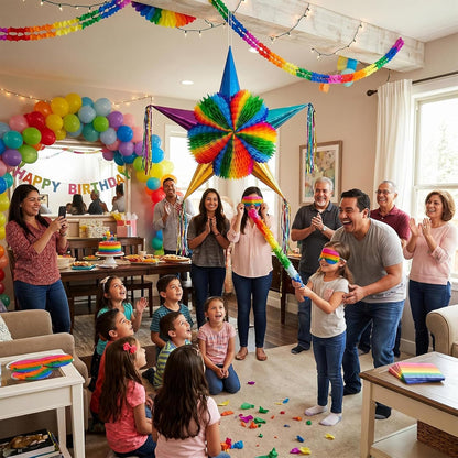 32 Inch Large Star Piñata Set with Stick Blindfold Confetti Foldable Mexican Fiesta Piñata Rainbow Honeycomb Decorations for Cinco De Mayo Birthday Party Carnival Taco Tuesday