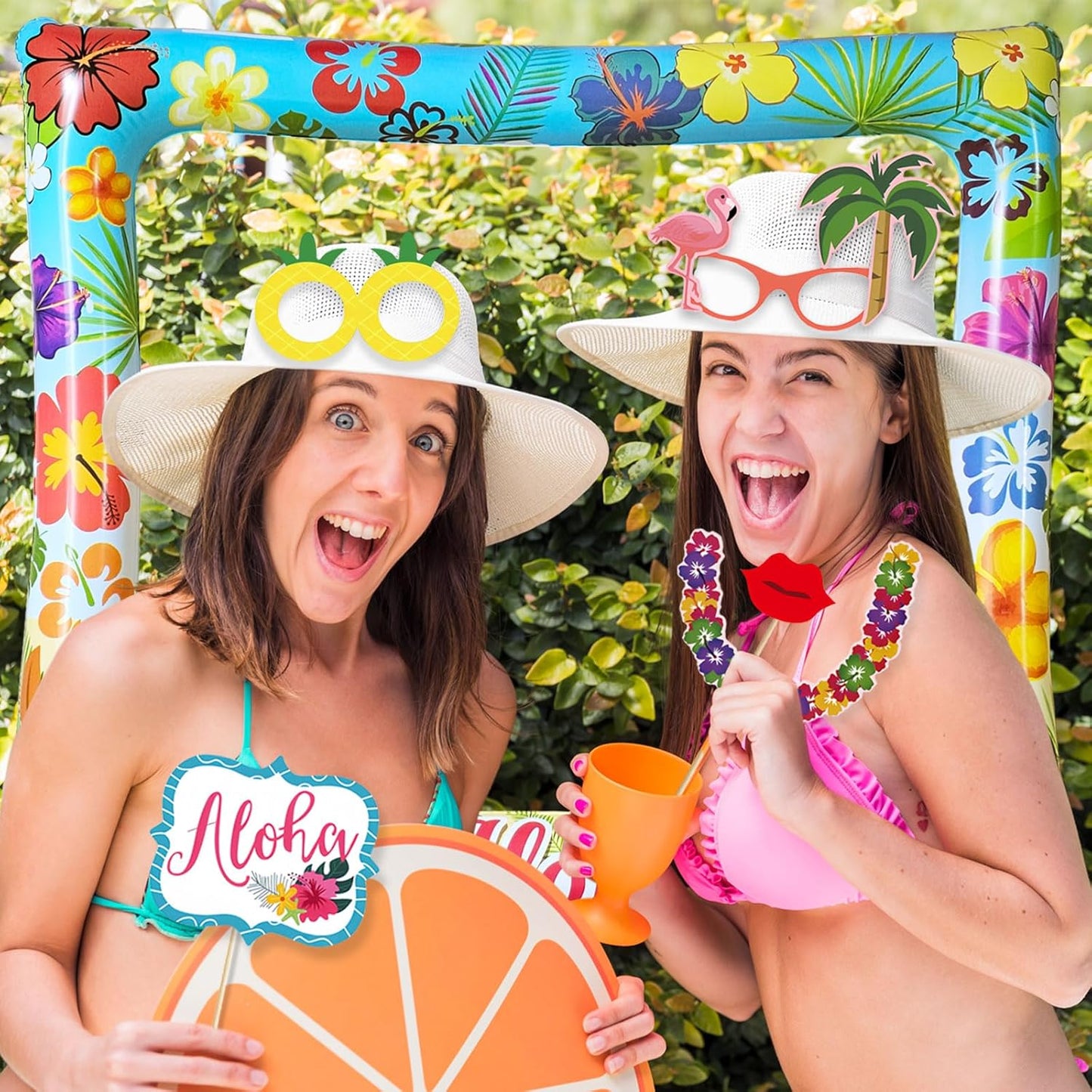 37Pcs Aloha Luau Party Inflatable Selfie Photo Frame & Photo Booth Props Set Hawaiian Party Selfie Props for Pictures and Decorations Summer Tropical Flamingo Tiki Birthday Party Supplies