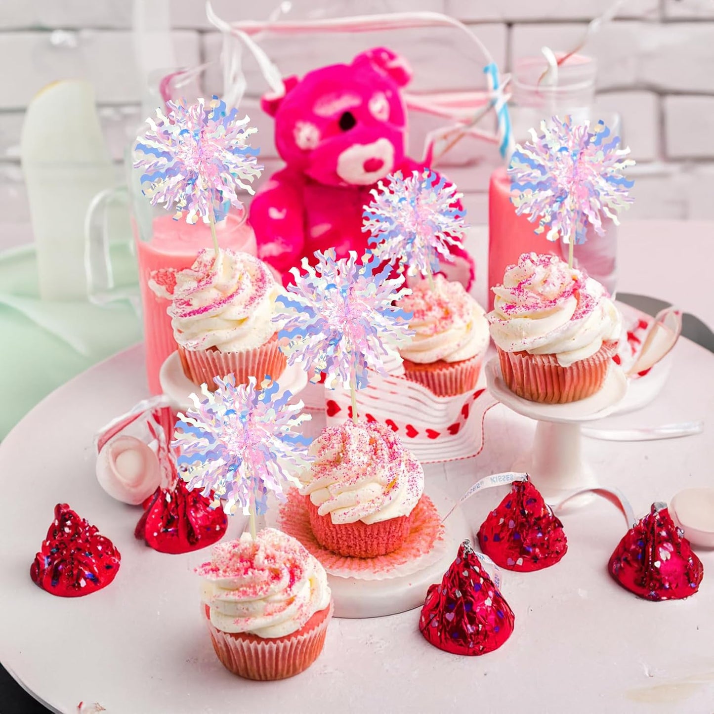 Ephlyn 30Pcs Foil Firework Cupcake Toppers Sparkle Tinsel Cupcake Picks Drink Stirrers Cocktail Food Fruit Toothpicks for Baby Shower Graduation Party Supplies White