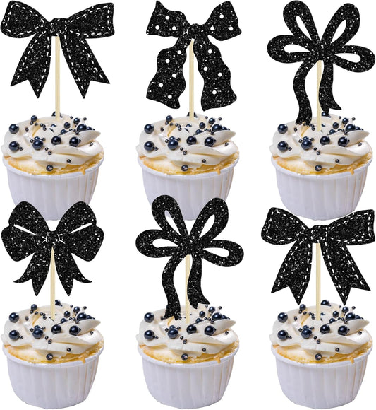 Ephlyn 24Pcs Pink Bow Cupcake Toppers Bow Birthday Cake Topper Girls Birthday Party Decorations Bowknot Cupcake Decorations for Bridal Wedding Themed Party Multi