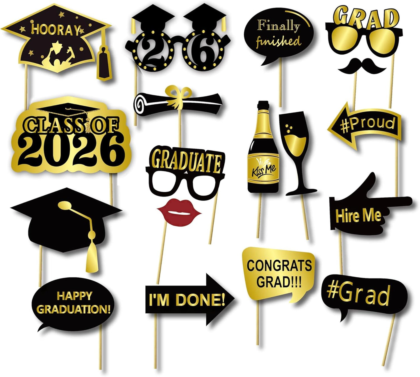 2026 Graduation Selfie Photo Booth Frame Black and Gold with 18Pcs Graduation Photo Booth Props, Upgraded Version with Support Cardboard, 2026 Grad Party Pose Sign