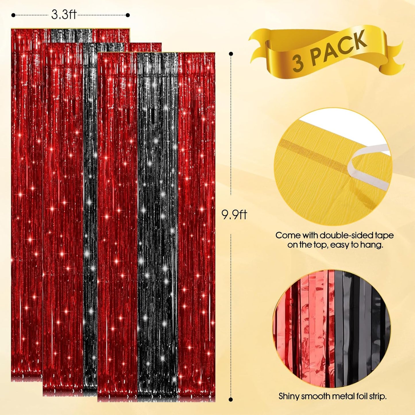 Birthday Party Decorations: 3 Pack 3.3 x 9.9 ft Gold Foil Fringe Curtains Party Supplies, Tinsel Curtain Backdrop for Parties/Birthday/Photo Booth