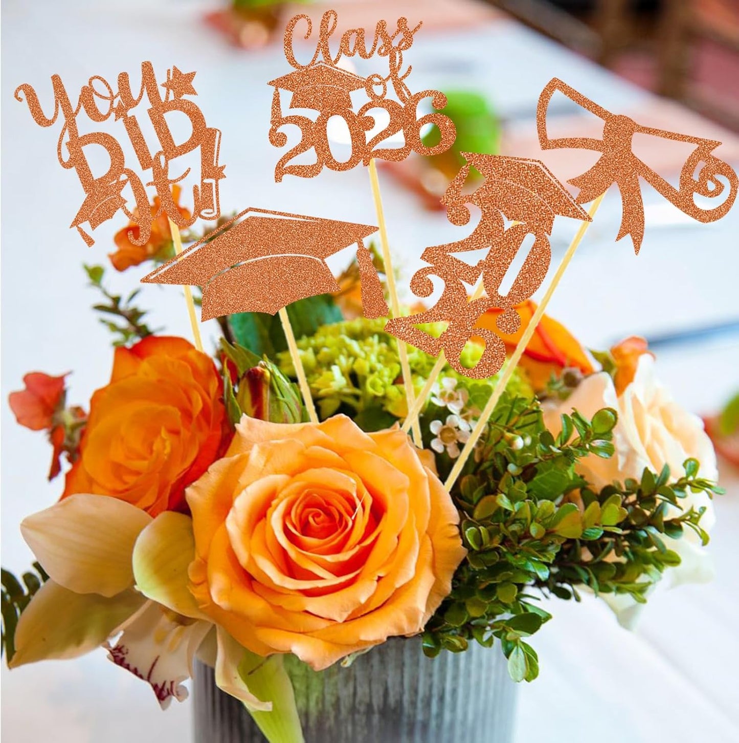 Graduation Centerpiece Sticks 24PCS Glitter Grad Picks Party Table Decor Senior High School College Sign Gold