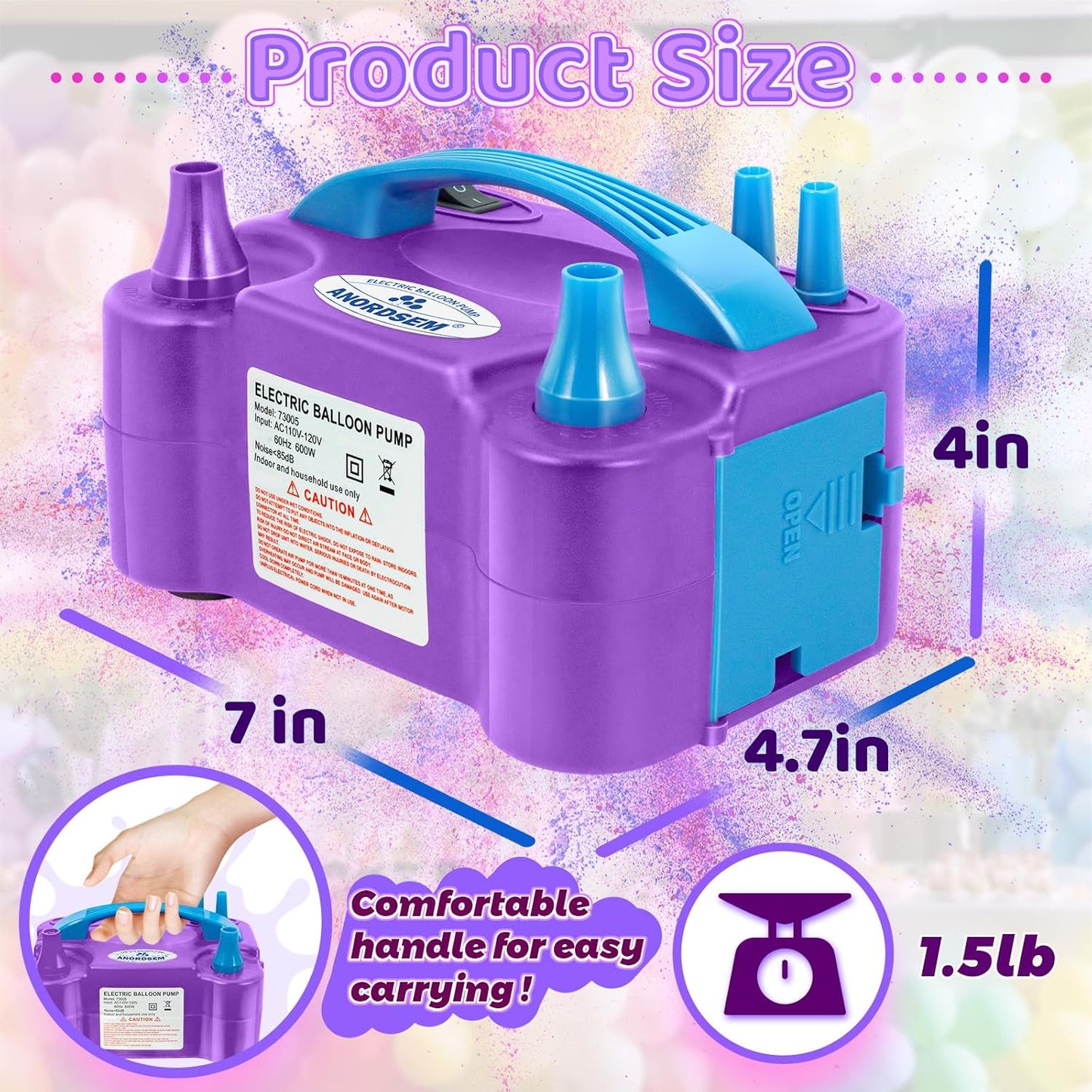 Anordsem Electric Balloon Air Pump: Polypropylene Plastic Case with Dual Nozzle - Quick Inflating for All Balloons at Home - Blower Machine Knotter/Ribbon for Parents Party DIY Decoration