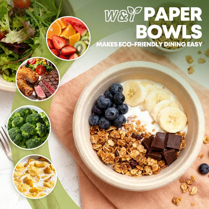 W&Y 12 oz Paper Bowls, 100-Count Disposable Compostable Bowls, Microwave Safe & Heavy Duty, Biodegradable Sugarcane Fiber Bowl for Hot Soup, Salad, Snacks, and Party Use