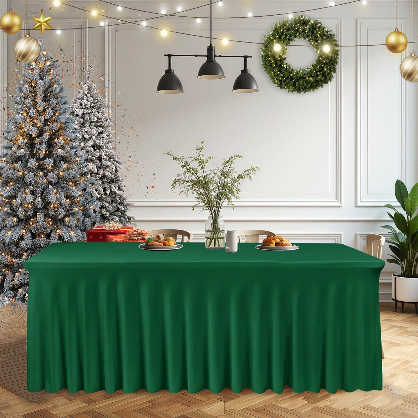 HolidayIdeas 2 Pack Spandex Table Skirt for 6 Ft Rectangle Tables, Black Fitted Stretch Tablecloth 30 x 72 Inch, Wrinkle Resistant Ruffle Design for Wedding Banquets, Trade Shows, Parties