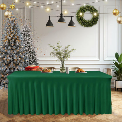 HolidayIdeas 2 Pack Spandex Table Skirt for 6 Ft Rectangle Tables, Black Fitted Stretch Tablecloth 30 x 72 Inch, Wrinkle Resistant Ruffle Design for Wedding Banquets, Trade Shows, Parties