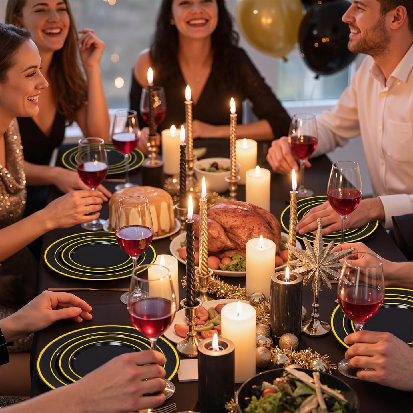 350 Pieces Black and Gold Plastic Plates with Disposable Silverware, Include 50 Dinner Plates 9”, 50 Dessert Plates 6.3”, 50 Black Cups 9 OZ, 50 Pre Rolled Napkins for Wedding Party Graduation