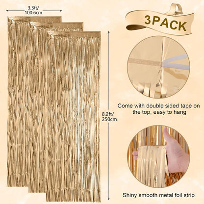 Voircoloria 3 Pack 3.3x8.2 Feet Gold Foil Fringe Backdrop Curtains, Tinsel Streamers, Fringe Backdrop for 2025 New Years Eve, Graduation, Birthday, Baby Shower, Gender Reveal, Disco Party - Colors B