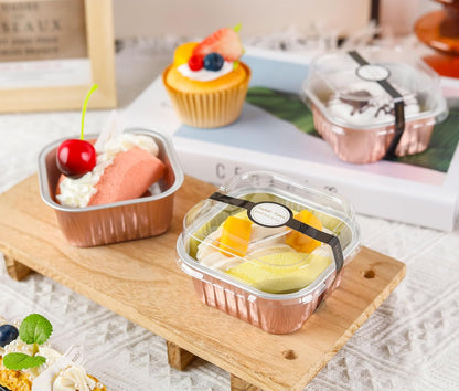 NPLUX 50 Pcs Mini Cake Pans with Lids and Spoons Aluminum Foil Mini Square Baking Cups with Lids Disposable Ramekins Cake Pans Dessert Cups for Wedding Mothers Day Gifts Party Favors(Pink,5oz)
