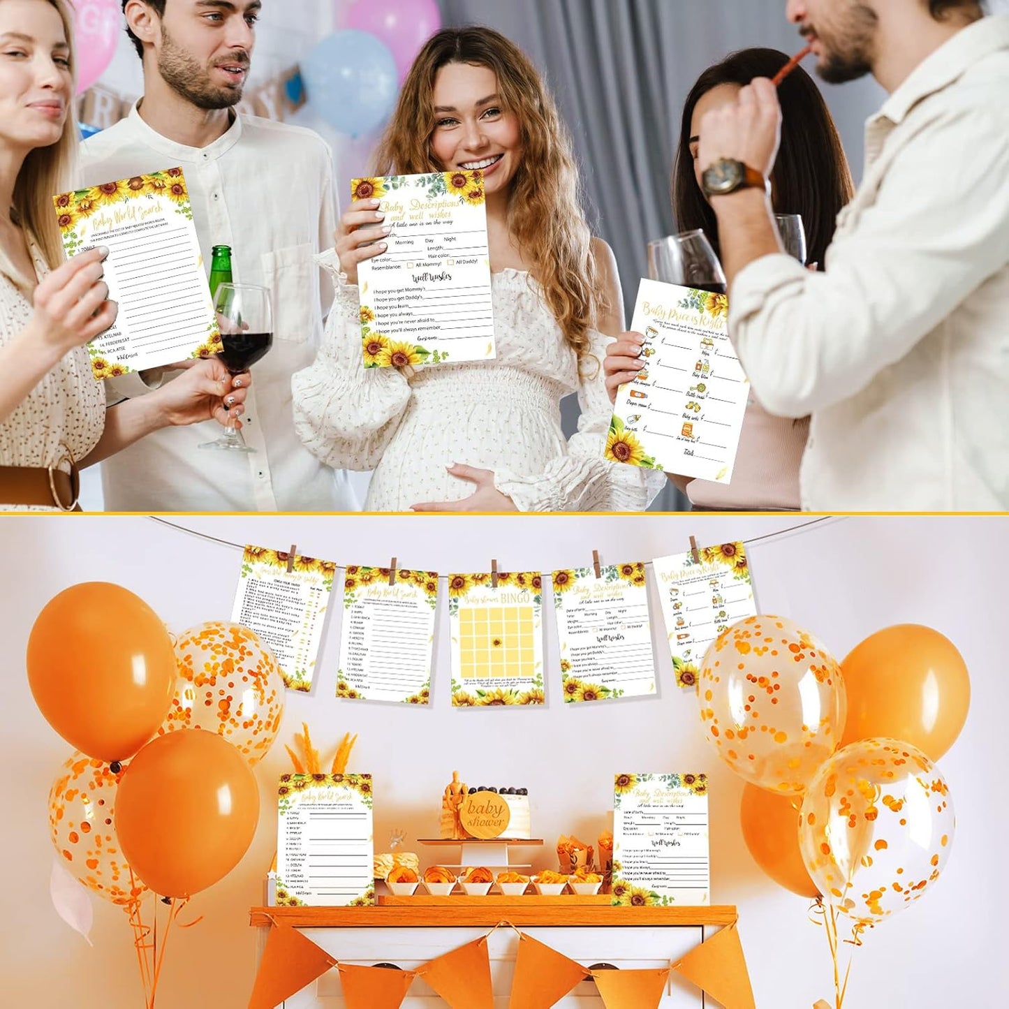Yinder 145 Pcs Baby Shower Games Activities Cards with 20 Pencils Includes Baby Bingo Description and Wishes Guess Who Price is Right Word Scramble Game(Here Comes the Son)