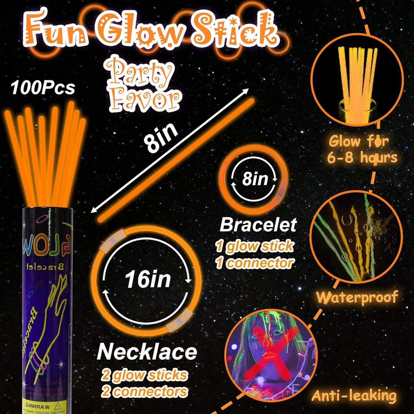 100 pk 8" Glow Sticks Bulk Party Favors, Light up Glow Necklaces & Bracelets in the Dark Party Supplies For Christmas Halloween 4th of July Birthday Neon Party (100 * Blue)
