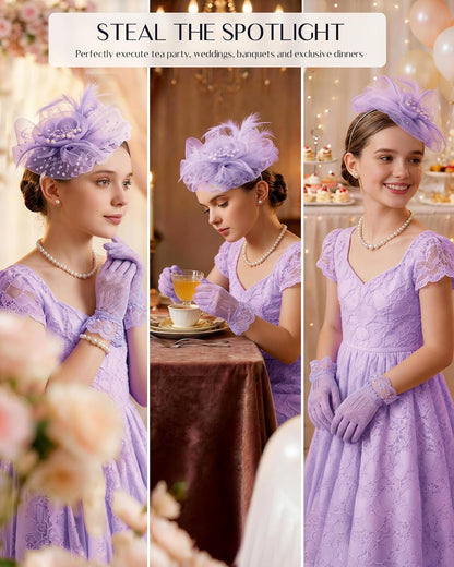 Girls Tea Party Fascinators Hats for Kids Fascinator Tea Party Hat Headband with Gloves Accessories for Girls