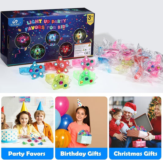 SCIONE 24 Pack LED Light Up Fidget Spinner Bracelets, Glow in The Dark Party Favors for Kids 4-8 8-12, Treasure Box Toys, Birthday Gifts, Carnival Prizes, Goodie Bags Stuffers