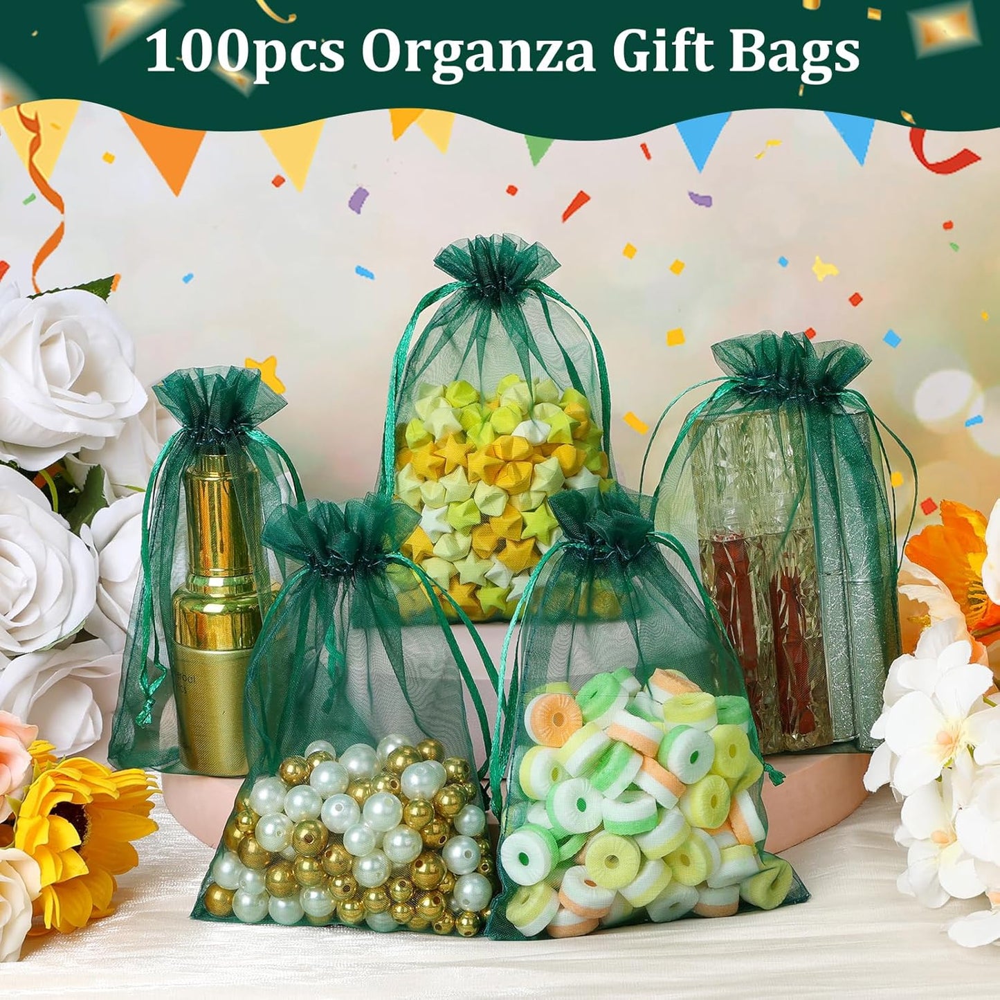 Hopttreely 100PCS Premium Sheer Organza Bags, White Wedding Favor Bags with Drawstring, 4x4.72 Jewelry Gift Bags for Party, Jewelry, Christmas, Mother's Day, Festival, Bathroom Soaps, Makeup Organza Favor Bags