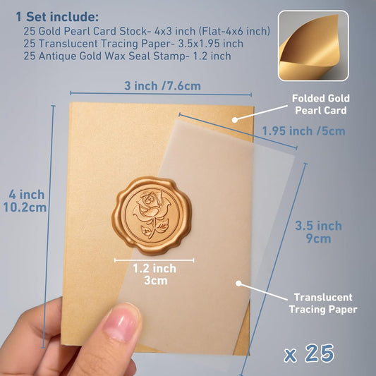 25 Pack Name Cards for Table Setting, Printable Place Cards with Antique Gold Rose Wax Seal Sticker for Wedding, Table Tent Card Stock Decor for Party, Dinner, Home(Pearlized Champagne Gold)