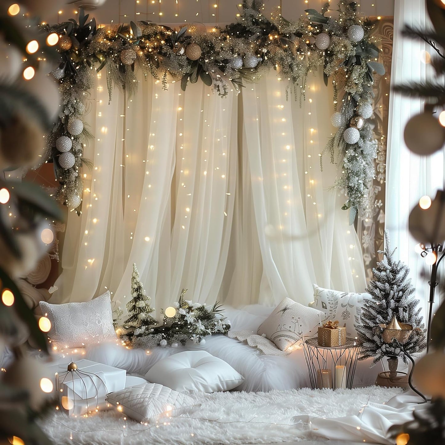 Fomcet Tulle Backdrop Curtains with Lights String White 10FT X 8FT Sheer Curtain with Lights Tulle Curtains Backdrop for Wedding Birthday Party Baby Shower Photo Shoot (2 Panels 5x8FT)