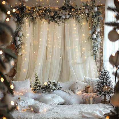 Fomcet Tulle Backdrop Curtains with Lights String White 10FT X 8FT Sheer Curtain with Lights Tulle Curtains Backdrop for Wedding Birthday Party Baby Shower Photo Shoot (2 Panels 5x8FT)