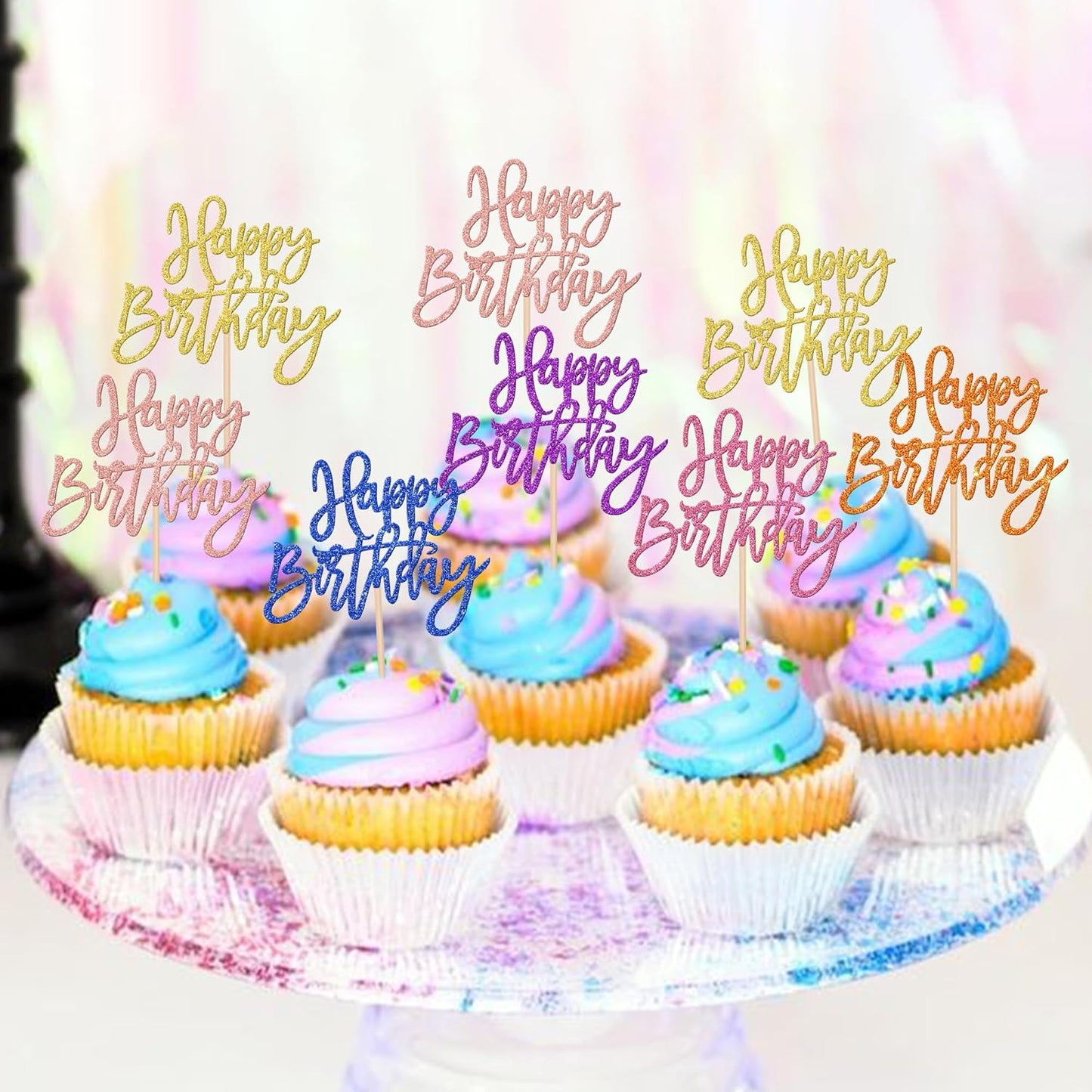 24 PCS Happy Birthday Cupcake Toppers Glitter Picks for Celebrating Anniversary Theme Party Cake Decorations Supplies Gold