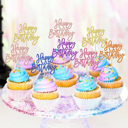 24 PCS Happy Birthday Cupcake Toppers Glitter Picks for Celebrating Anniversary Theme Party Cake Decorations Supplies Gold